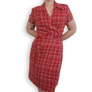 Silk 90s Wrap Dress Plaid Short Sleeve Checked Midi Red M